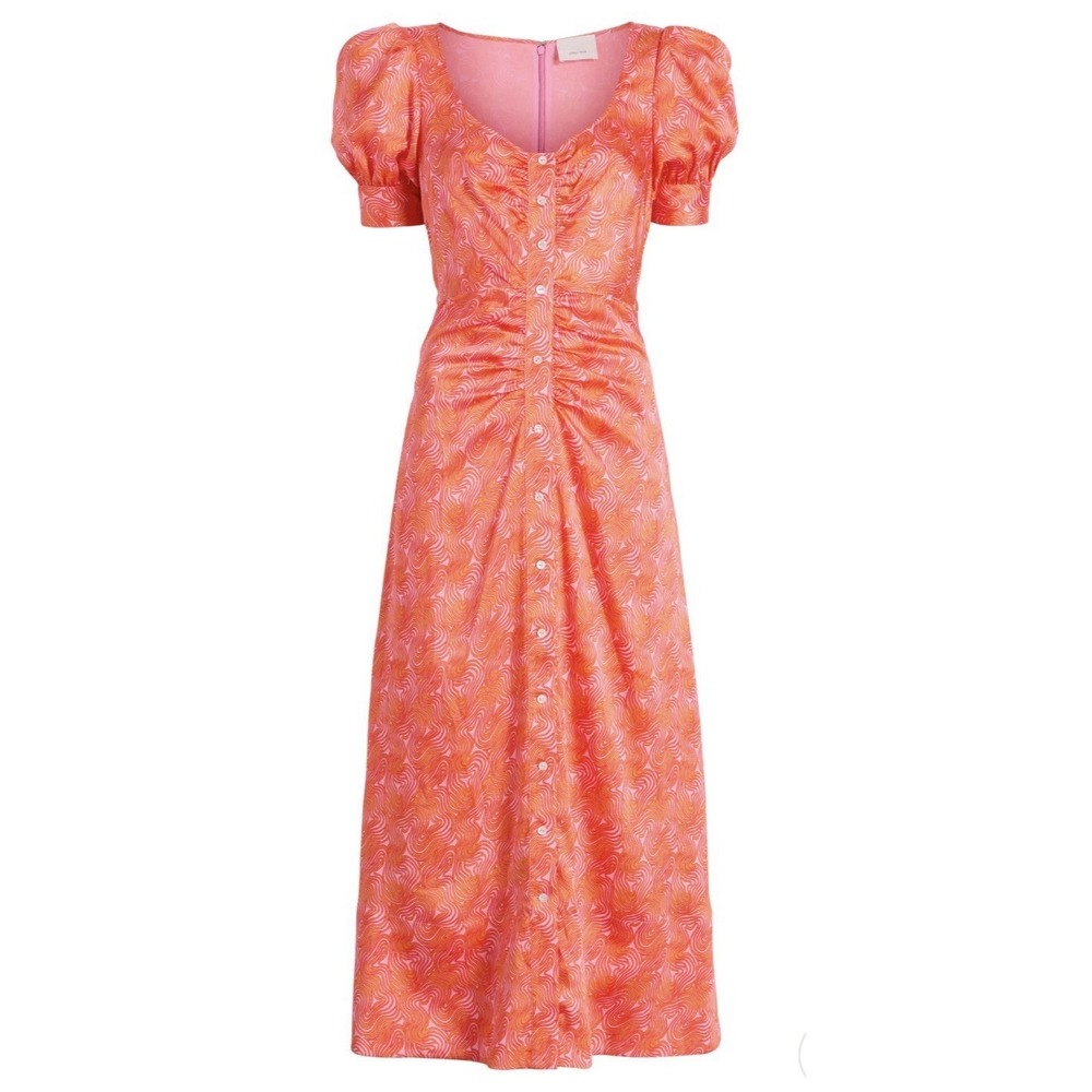 NWT Cinq a Sept Summer Waves Ximena Dress Pink Orange Satin Midi Size 8
